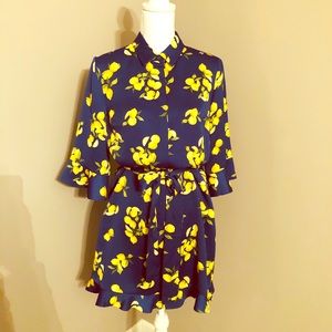 Women’s Blue Lemon Print Ruffle - Cuff Romper